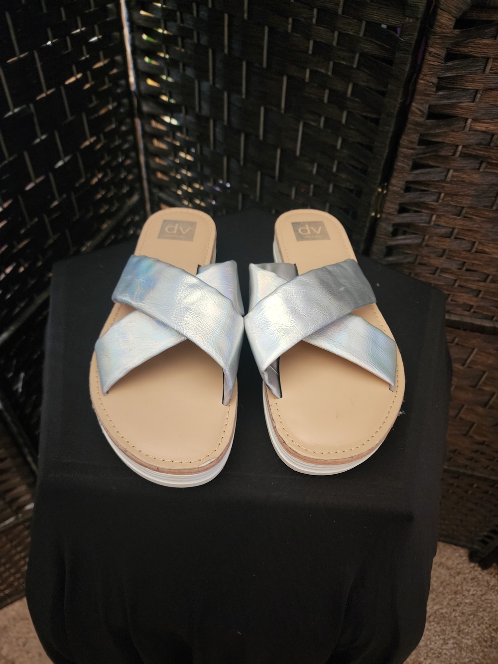DV by Dolce Vita Iridescent Light Blue Crisscross Slide Sandals.  (B1)